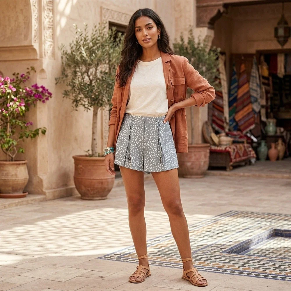 Free People Bennett Shorts Size 10 Blue White Lace Up Pleated High Rise NWOT